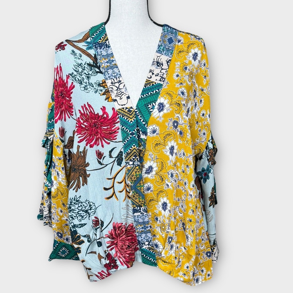 Umgee Floral Patchwork Kimono Top Bohemian Blouse Womens Small Ruffle‎ Sleeve